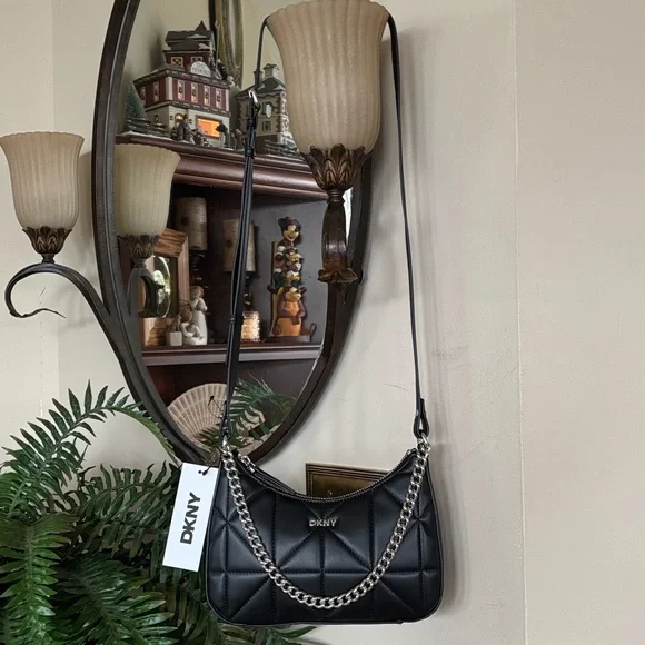 Brand New DKNY Black Lizzy Top Zip Crossbody Bag Chain Quilted Stitch Purse - Picture 15 of 15